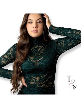 Joyfolie NWT Iris Lace Top Peacock Green Sheer Turtleneck Mock Neck Medium